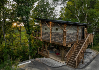 Treehouse hidden in a nook of trees.