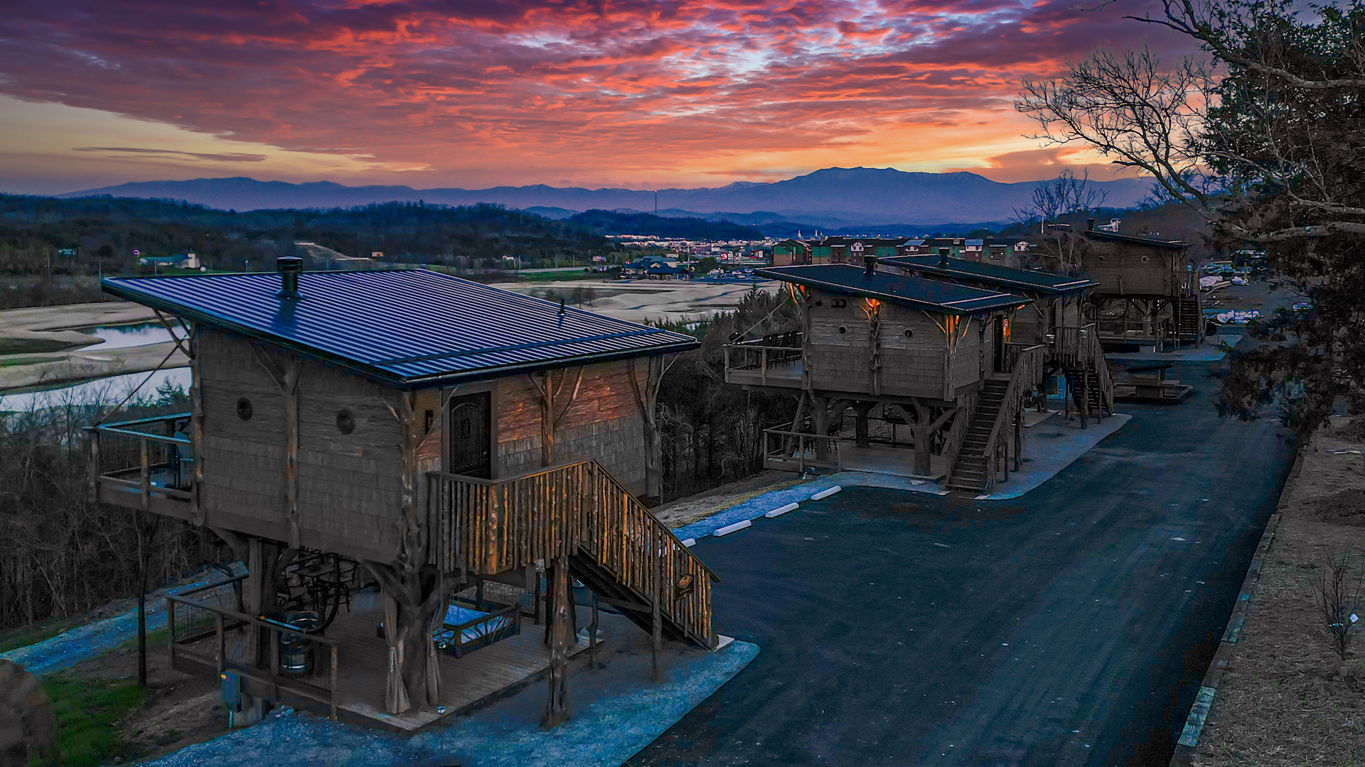 Sunset at the Sanctuary Treehouse Resort in Sevierville TN, near the Smoky Mountains