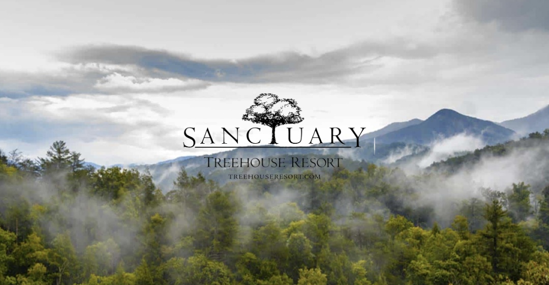 Sanctuary Treehouse Resort logo on image of Smoky Mountains.