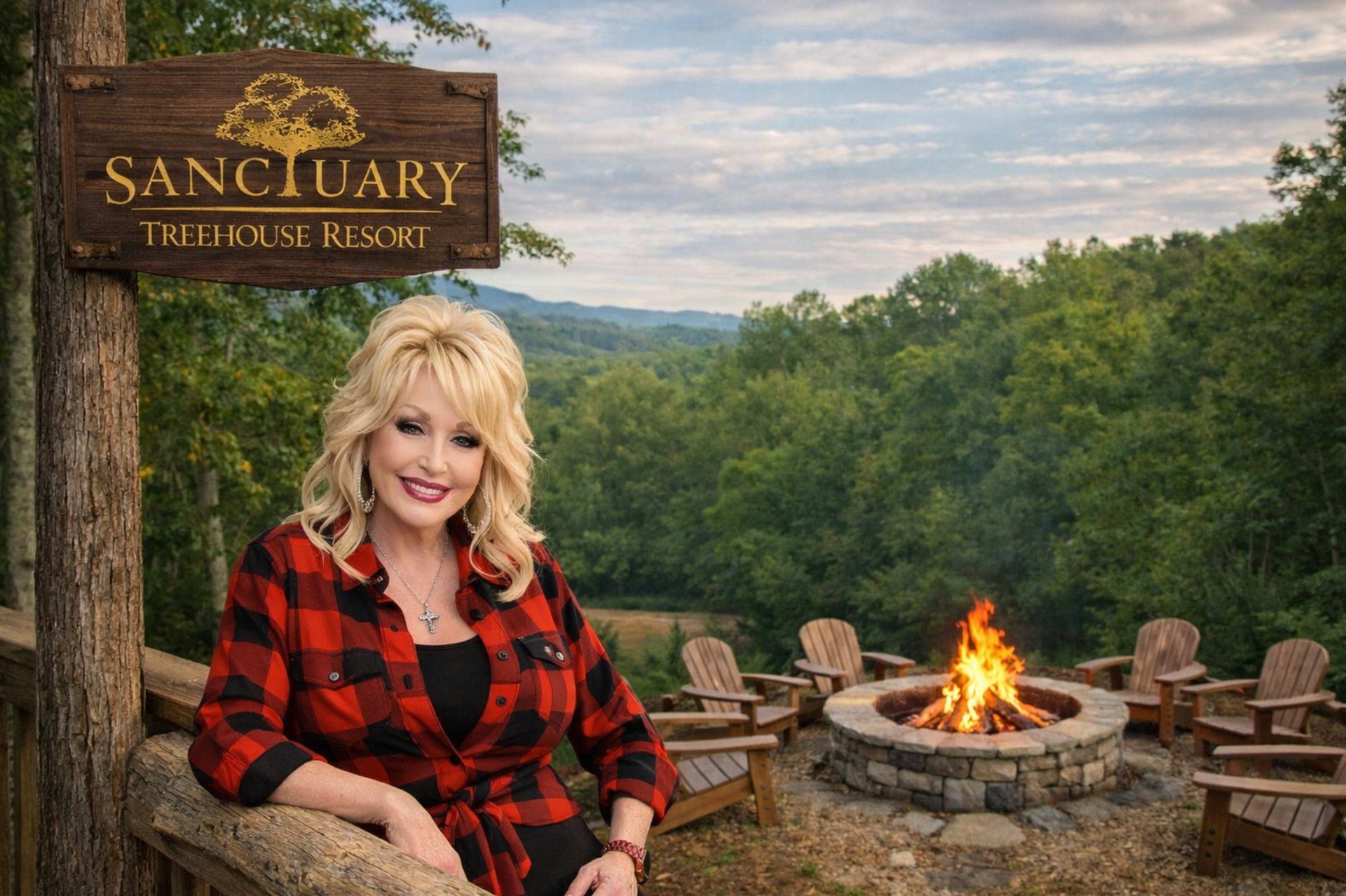 Dolly Parton in a red plaid shirt beside the firepit at Sanctuary Treehouse Resort in Sevierville, Tennessee, with Adirondack chairs and the Smoky Mountains beyond